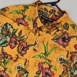 Psycho Tuna Mens L Yellow Tropical Hibiscus Floral SS Button Down Shirt Stretch